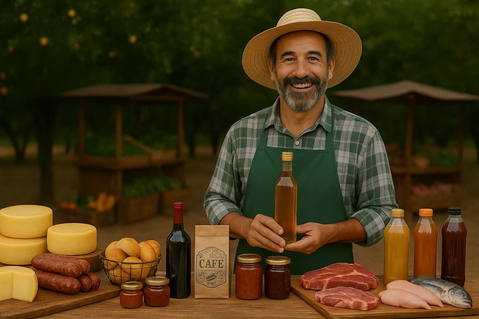 Produtor artesanal sorridente em uma feira, cercado de queijos, embutidos, vinho, mel e outros produtos típicos representados na plataforma Do Brasil à Mesa