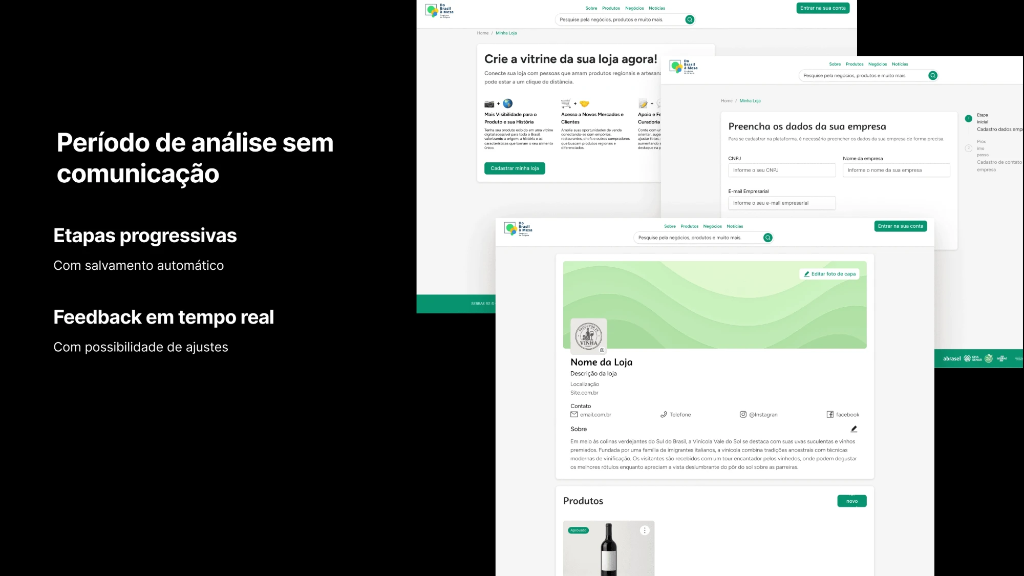 Slide de pesquisa sobre a falta de comunicação no período de análise, com mockups de criação de vitrine, formulário de CNPJ e perfil da loja